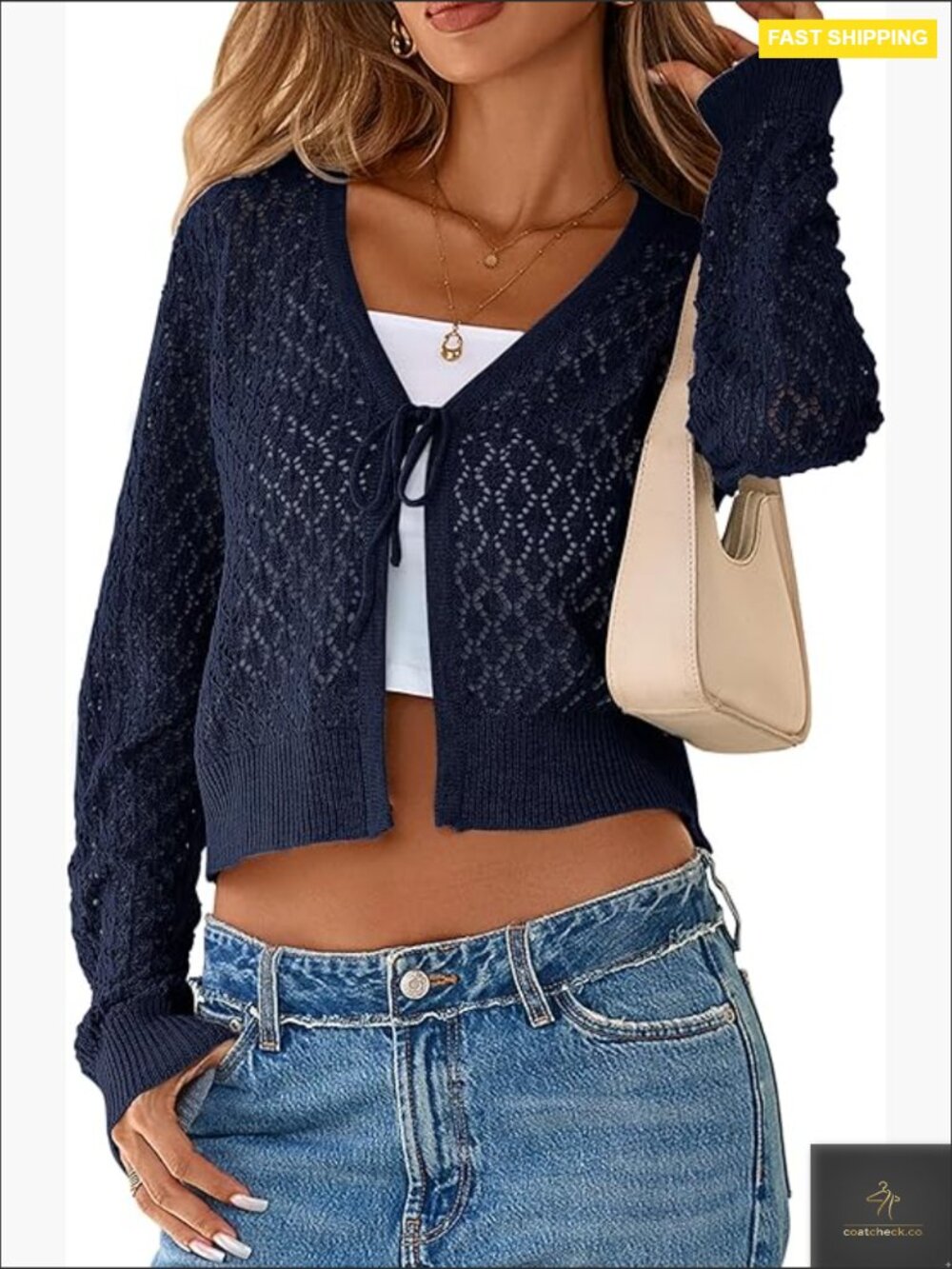 Crochet Tie Front Shrug Cardigan Long Sleeve Knit Cropped Boho Y2k